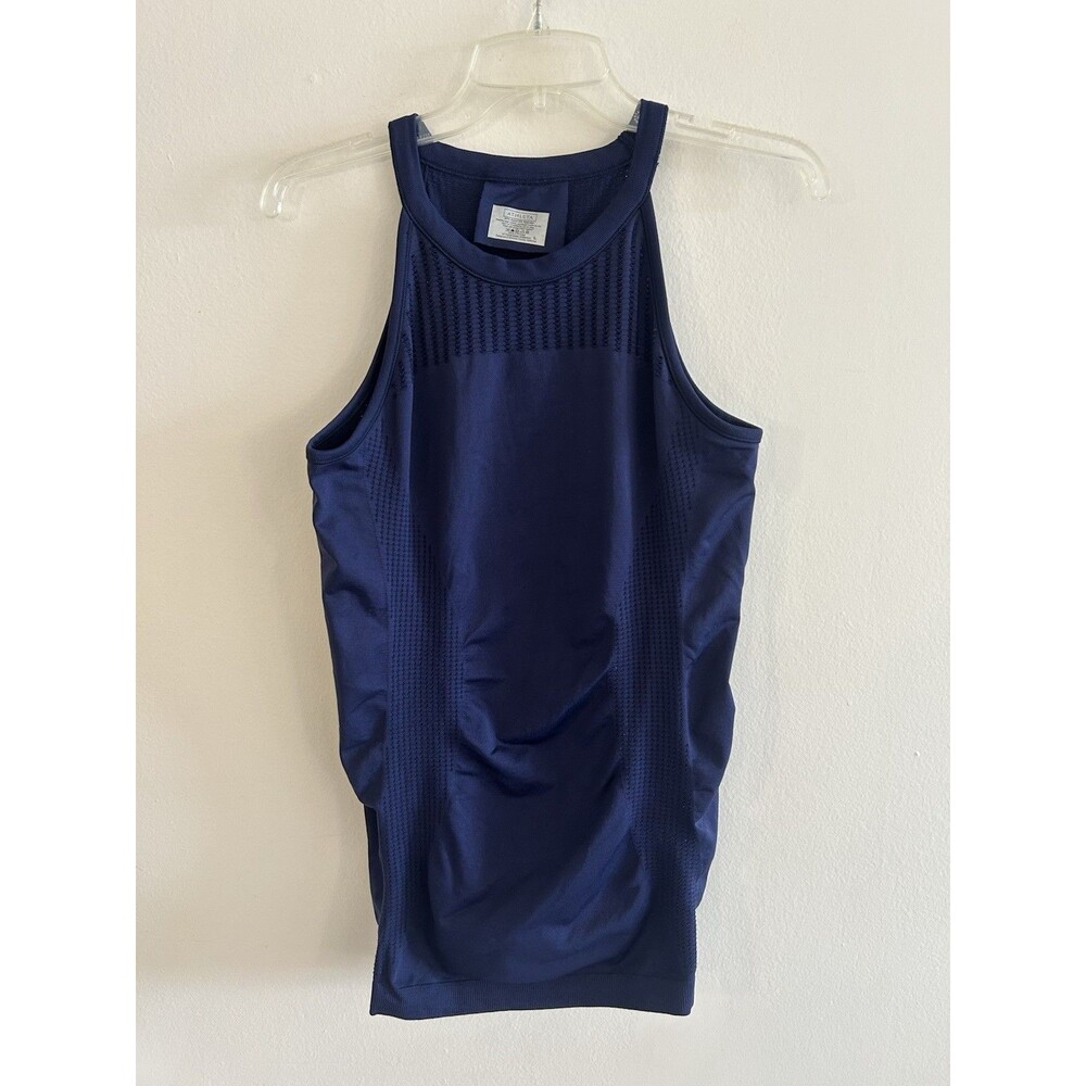 Athleta Fastest Track Dot Tank Womens Size L Fitted Racerback Ruched Blue